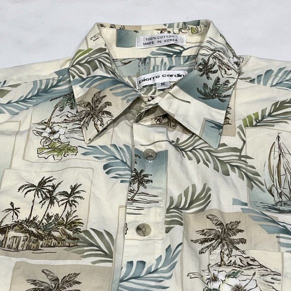 Vintage Pierre Cardin Retro Hawaiian Button Up Shirt Men Medium Island Hut Boat - Picture 11 of 15